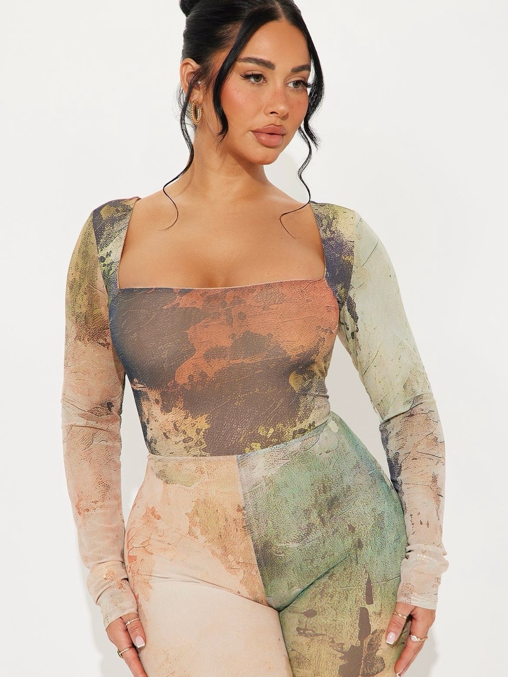Square Neck Long Sleeve Abstract Printing jumpsuit L NWT